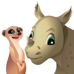Cartoon meerkat and rhino friends.