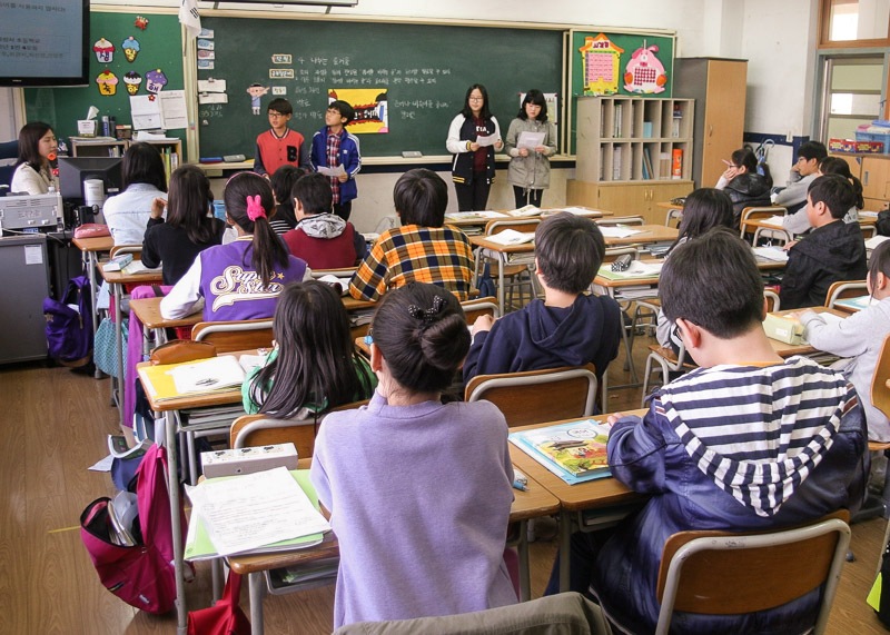Students giving presentations in a classroom.