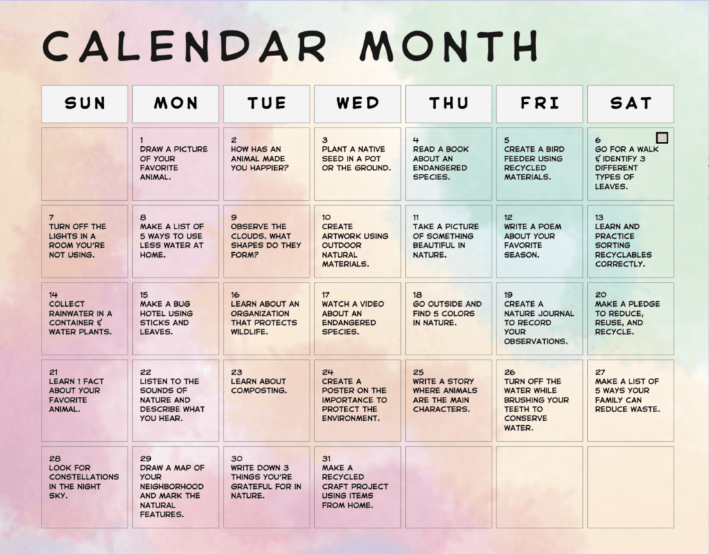 Eco-friendly calendar month activities.